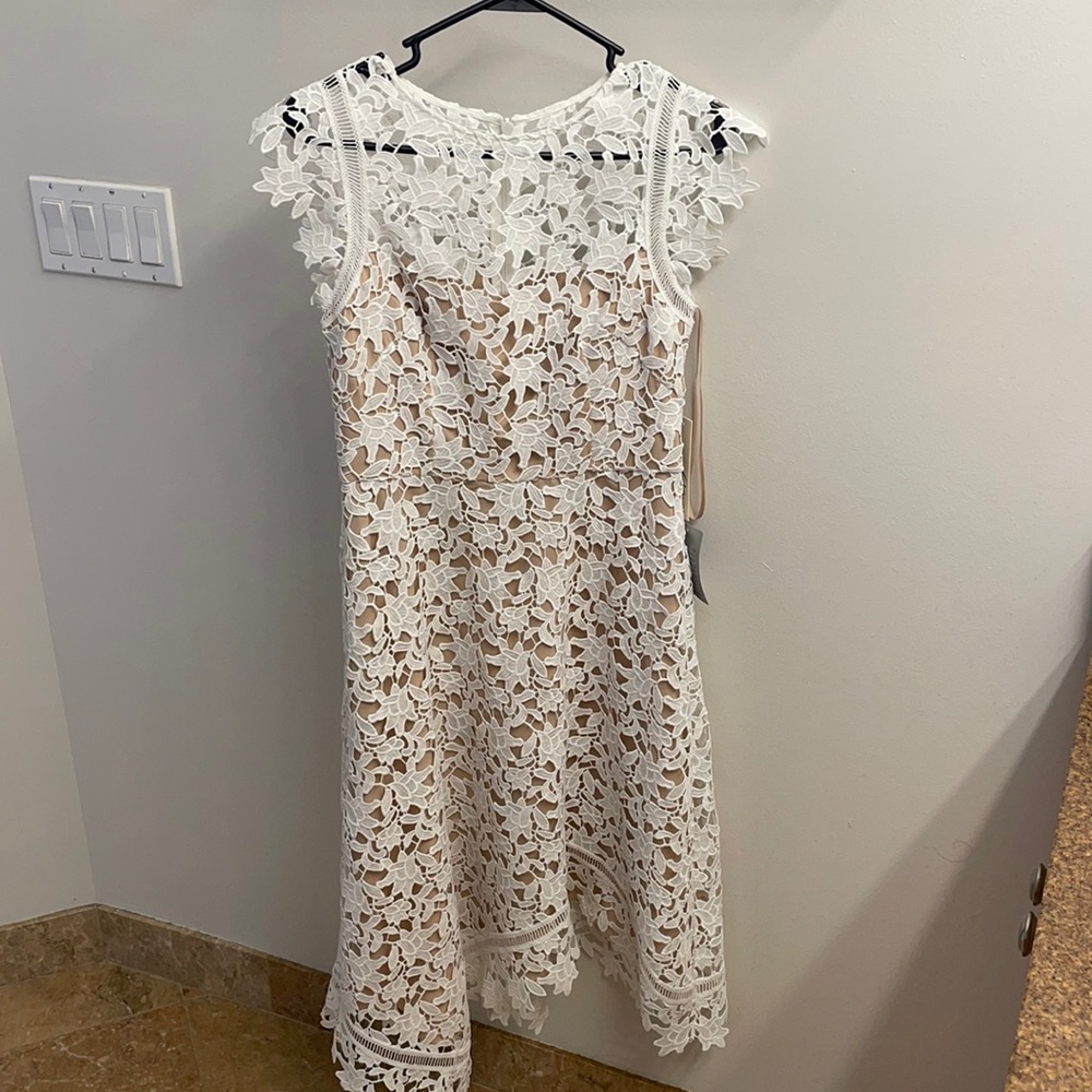 Never been worn Eliza J ivory lace midi dress, size 6, tags still on.
